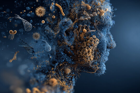Abstract human face formed from microscopic organisms and DNA  revealing the complexity of life