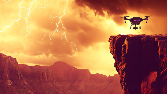 Drone Hovering Over Cliff Edge During Stormy Sunset - Powered by Adobe