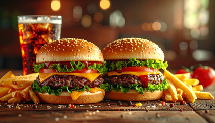 Two juicy classic cheeseburgers with crispy french fries and a refreshing cola, a perfect American fast food combo meal on a wooden table