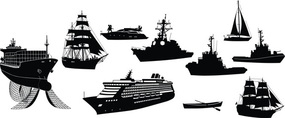 Black silhouette ship collection with cargo ship, fishing boat, sailing ship, yacht, cruise ship, naval vessels, rowboat, tugboat, ocean travel, maritime transport, watercraft, sea ships