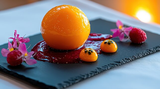 Elegant mango sphere dessert with raspberry coulis and passion fruit gel dots on black slate plate featuring edible flowers and fine dining presentation