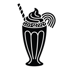 Black and white illustration of a milkshake with whipped cream and a straw