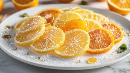 Candied orange and lemon slices arranged on white plate with crystallized sugar coating, gourmet citrus dessert presentation with golden syrup drops