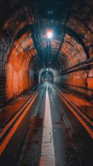 Grit and Glow: An Orange-Lit Industrial Tunnel with Wet, Reflective Surfaces