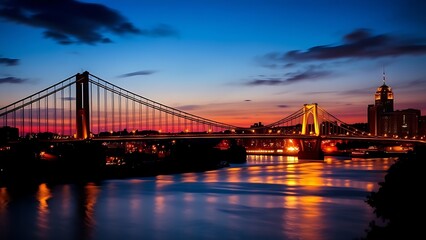 Obraz premium Silhouetted suspension bridge at dusk with city lights