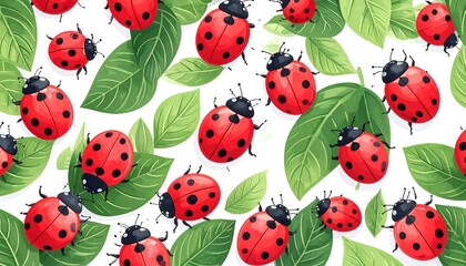 Ladybugs on leaves, seamless pattern