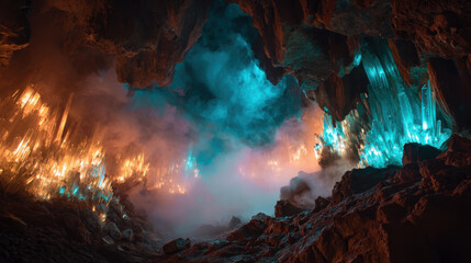 Glowing crystal haunted cave spooky mist eerie light stir wonder