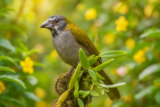  AI-Generated image of a Grayish Saltator perched on a mossy branch adorned with fresh green leaves, surrounded by vibrant yellow flowers in soft focus.