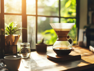 Small batch coffee embodies craftsmanship and attention to detail. Morning sunlight illuminates a coffee brewing setup with plants and a cozy ambiance.