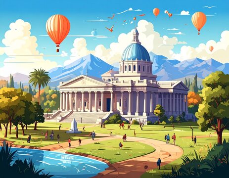 Vibrant Digital Illustration of a Grand Classical Dome Building in a Sunny Public Park with Hot Air Balloons and Mountains