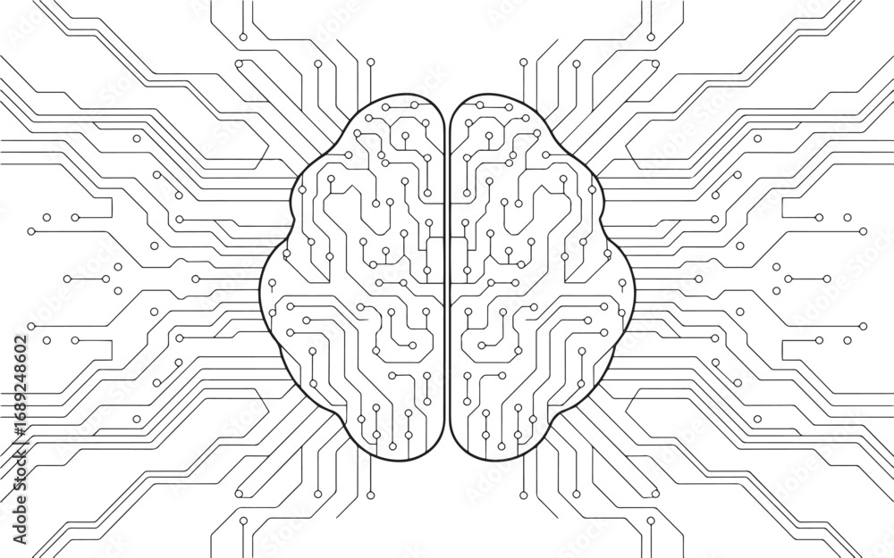 Poster artificial intelligence brain circuit vector illustration, ai brain circuit, digital neural network,