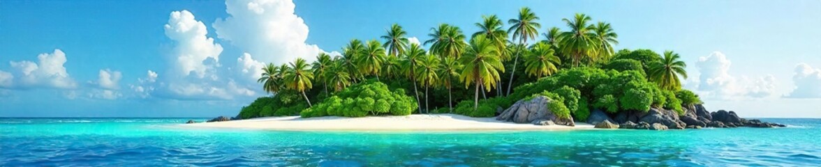 Tropical Island Paradise Lush Green Palms Swaying Over Pristine White Sand Beach Under a Clear Blue Sky. Perfect for travel, vacation, and paradise-themed projects.