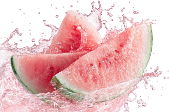 Pink Watermelon Slices Splashing in Water on Transparent Background