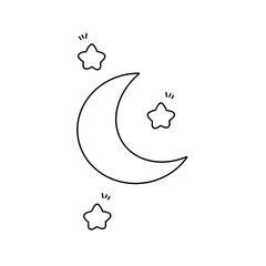 A black and white drawing of a crescent moon with three stars surrounding it