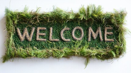 "Welcome" Sign: Natural Grass and Twig Letters on Green Textured Background