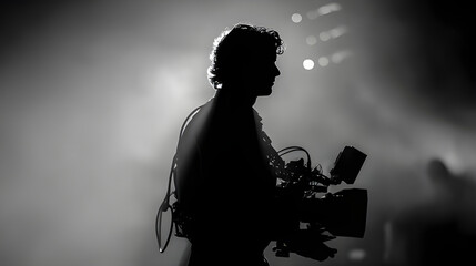 Silhouette professional videographer, photographer holding a camera and capturing live scene footage with a fog spotlight background. Film set cinematographer, holding a professional camera rig 
