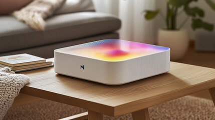 Modern smart device with colorful display placed on a wooden table in a cozy living room