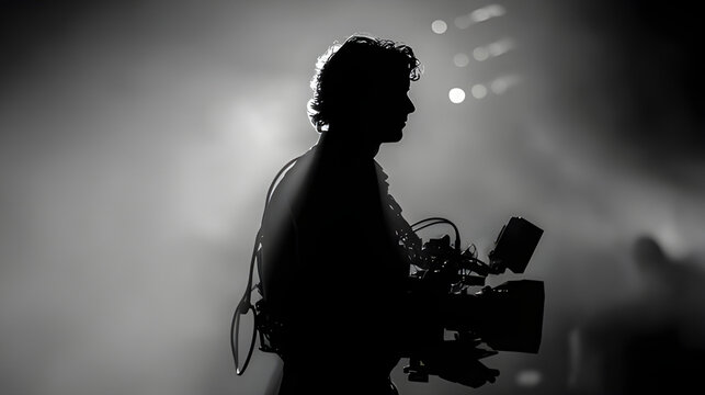 Silhouette professional videographer, photographer holding a camera and capturing live scene footage with a fog spotlight background. Film set cinematographer, holding a professional camera rig 