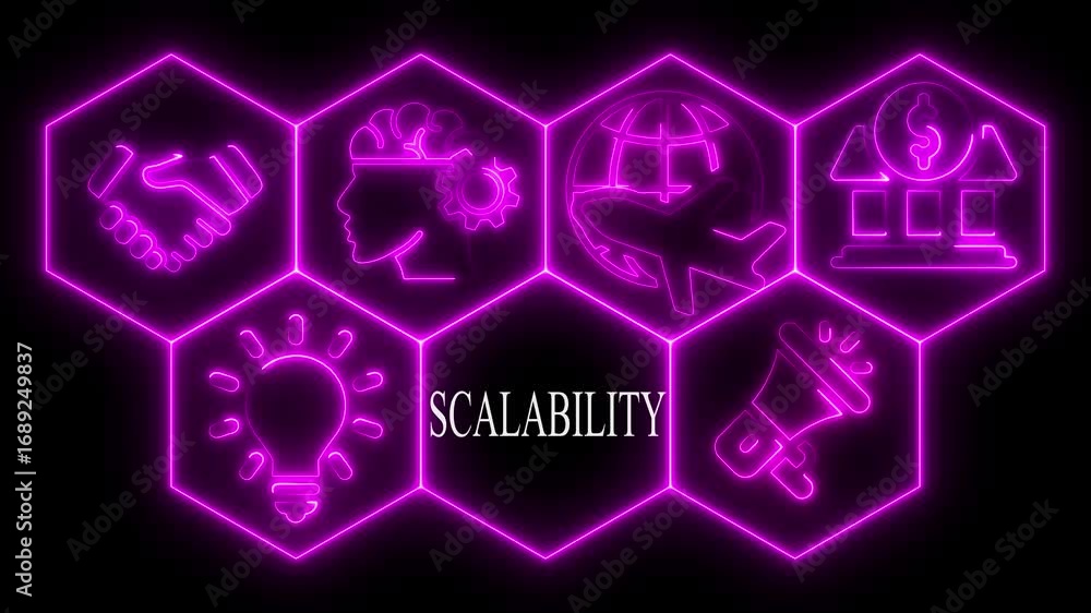 Poster neon icons representing scalability concept with handshake innovation and global expansion