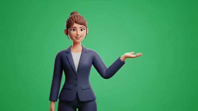A confident businesswoman gesturing on a green background.