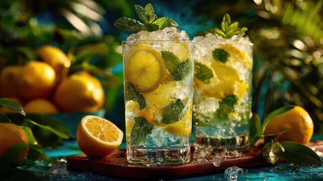 Refreshing lemonade with lemon slices and mint