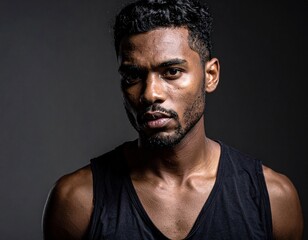 Obraz premium Striking studio portrait of a handsome and intense young man with a powerful gaze, highlighting his distinct features and serious demeanor against a dark backdrop