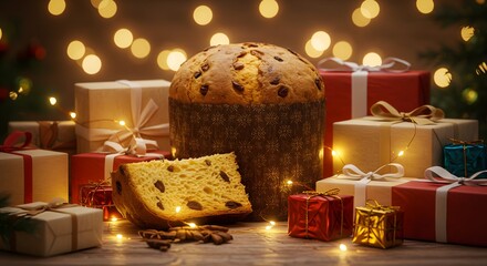 A Festive scene featuring a panettone with gifts surrounding it, perfect for the holidays. The scene is warm and inviting, with soft lighting illuminating the presents and the panettone