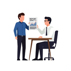Fototapeta premium Two businessmen review a positive financial report showing upward trending graph, sitting at a desk in a modern office setting.
