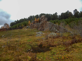 Mountain landscape with green meadow