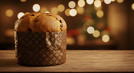 A delicious panettone cake on a wooden table with soft background bokeh lights, creating a warm, inviting atmosphere