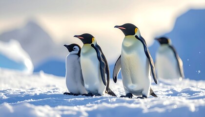 Fototapeta premium Emperor penguins standing together on the antarctic ice sheet under a bright sun, creating a serene and majestic scene of wildlife in its natural habitat.