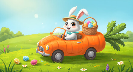 Adorable Easter bunny driving carrot car delivers springtime eggs through sunny meadow for holiday fun