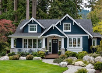 a blue house with white trim, showcasing the perfect color combination for your exterior paint job. the home has two stylized gables and is surrounded by lush green grass, trees, flowers, shrubs