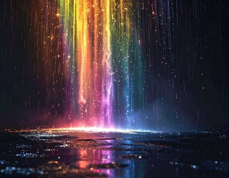 An awe-inspiring display of luminous colorful light intensely pouring down, transforming a dark, reflective landscape into a vibrant, magical realm of shimmering reflections
