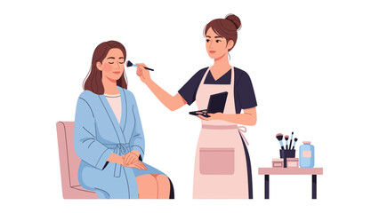 Professional makeup artist applying foundation to a client seated in a chair wearing a robe for a beauty treatment