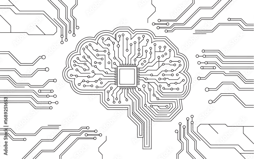 Poster digital neural network brain with microchip vector design, brain microchip circuit, ai neural networ