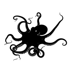 Black octopus silhouette with tentacles spread out isolated on white background