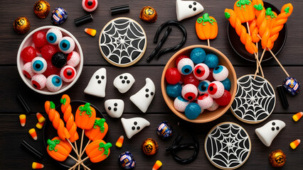 A festive Halloween candy display features eyeball gumballs, pumpkin lollipops, ghost gummies and spiderweb cookies.