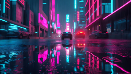 Obraz premium Futuristic Rainy Night City Street with Car and Neon Pink, Red Reflections on Wet Pavement