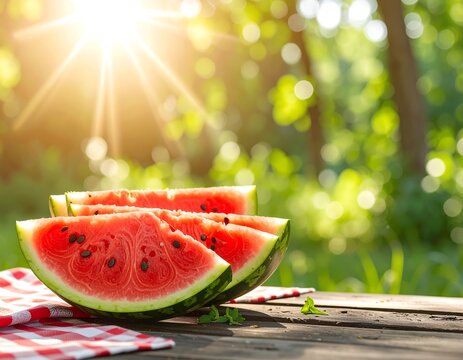 Fresh watermelon slices on rustic picnic table