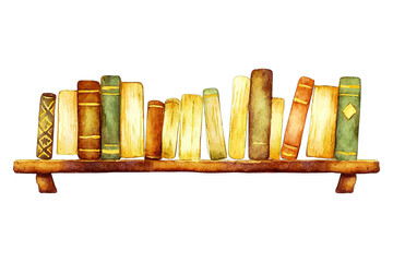 Watercolor depiction of old books on a wooden shelf