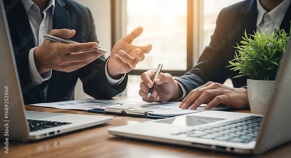 Poster closeup of two business professionals in a meeting, gesturing and reviewing documents and charts on 