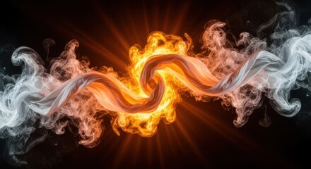 Abstract swirling vortex of hot fire and cold ice colliding
