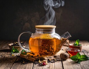 Steaming glass teapot filled with herbal tea on a rustic wooden surface, surrounded by cinnamon sticks, mint leaves, and loose tea.