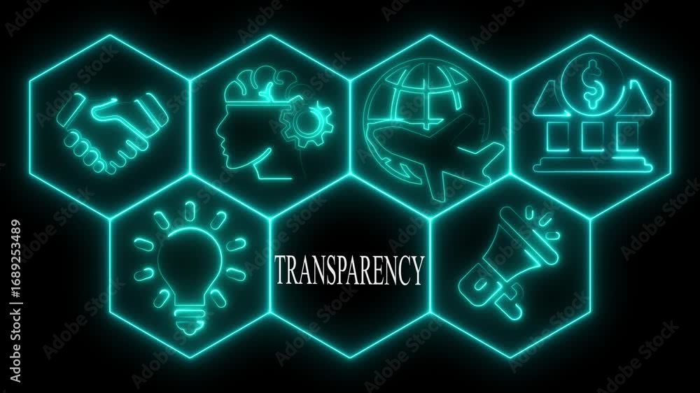 Poster neon icons representing transparency concepts on black background for business