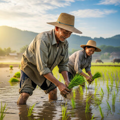 The farmer planted rice with his wife