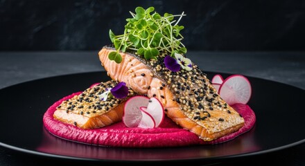 Gourmet Seared Salmon Fillets with Beet Puree and Radish Garnish