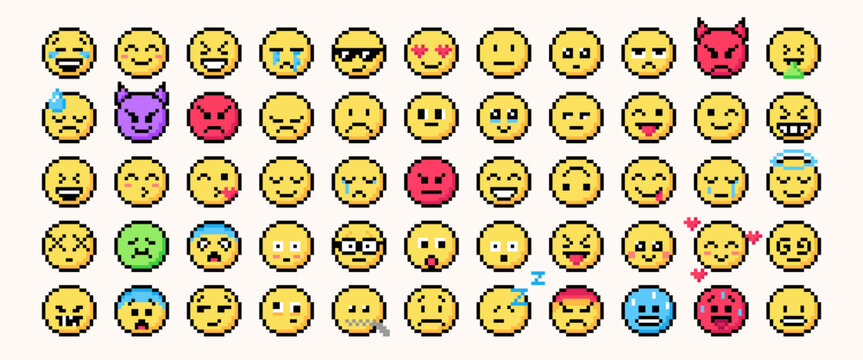 Set of various emojis in pixel art style. Retro style, 8 bit game emotions collection. Various faces, smiley, happy, sad, angry, love, crying, laughing, surprised etc. Isolated vector illustrations.