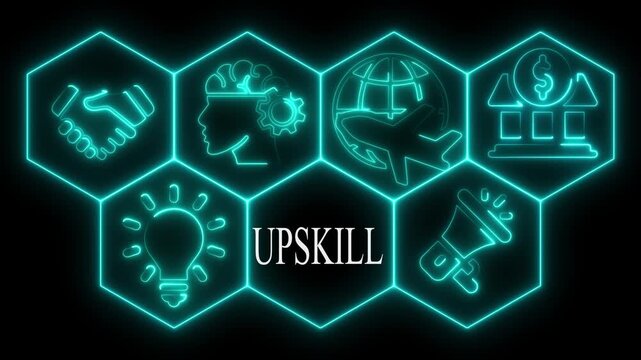 Glowing upskill concept with modern iconography on black background visualization