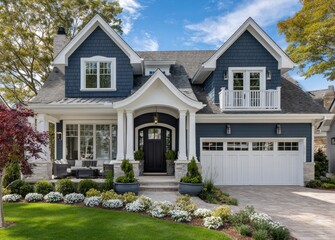 Naklejka premium a blue house with white trim, a shingled roof, and landscaping in front of it